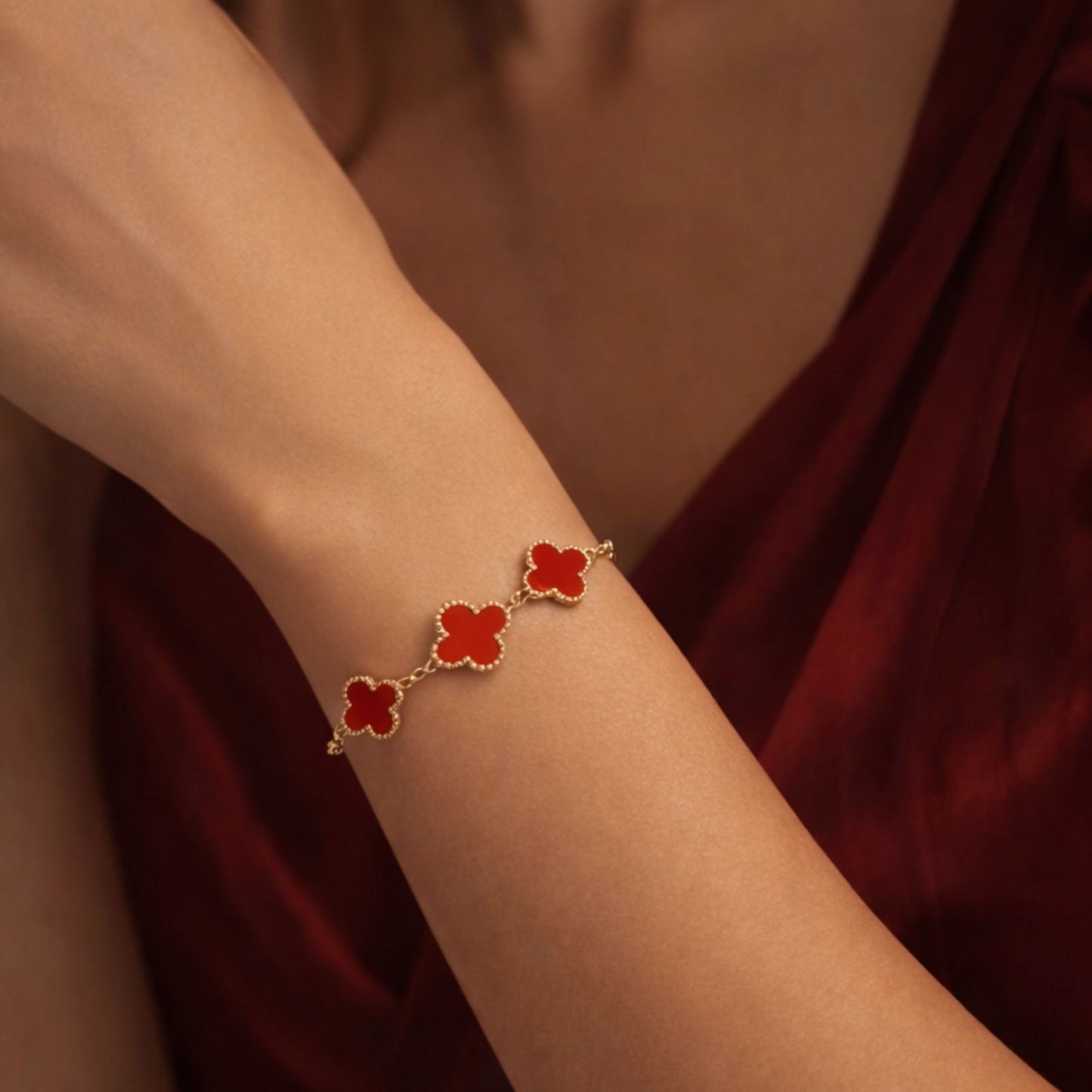 Scarlet Clover Gold Bracelet - Luxury Red Charm