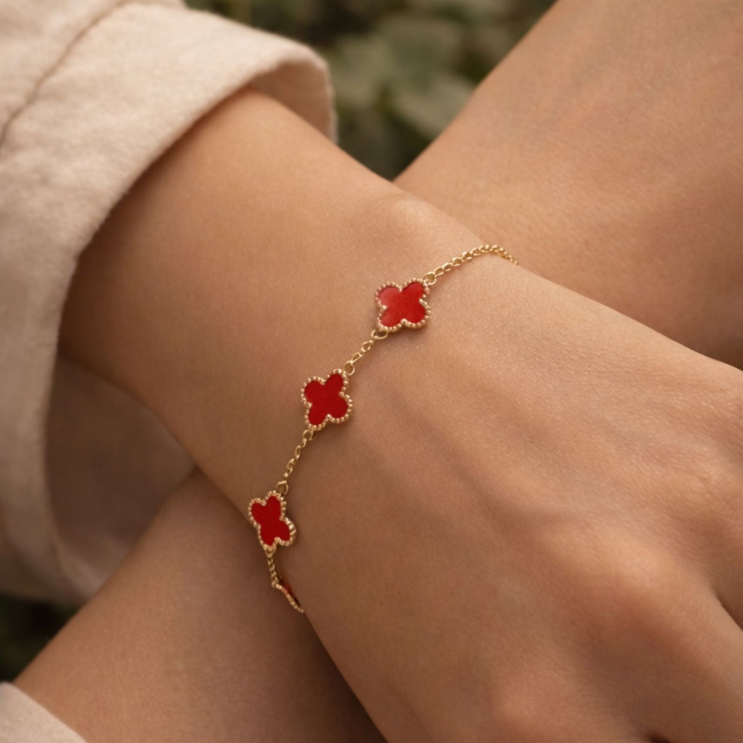Scarlet Clover Gold Bracelet - Luxury Red Charm