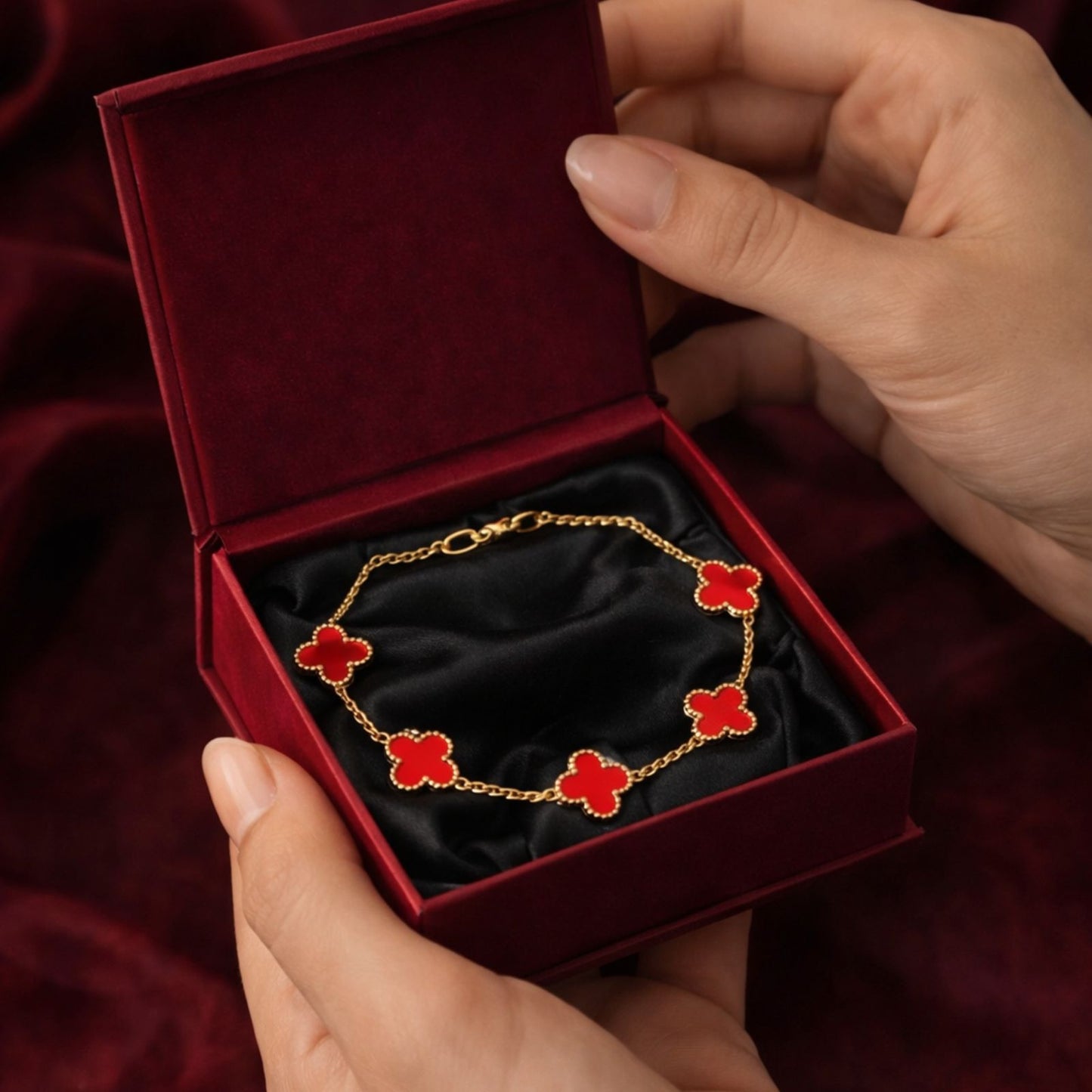 Scarlet Clover Gold Bracelet - Luxury Red Charm