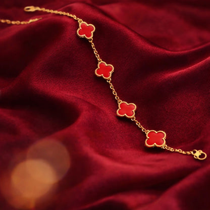 Scarlet Clover Gold Bracelet - Luxury Red Charm